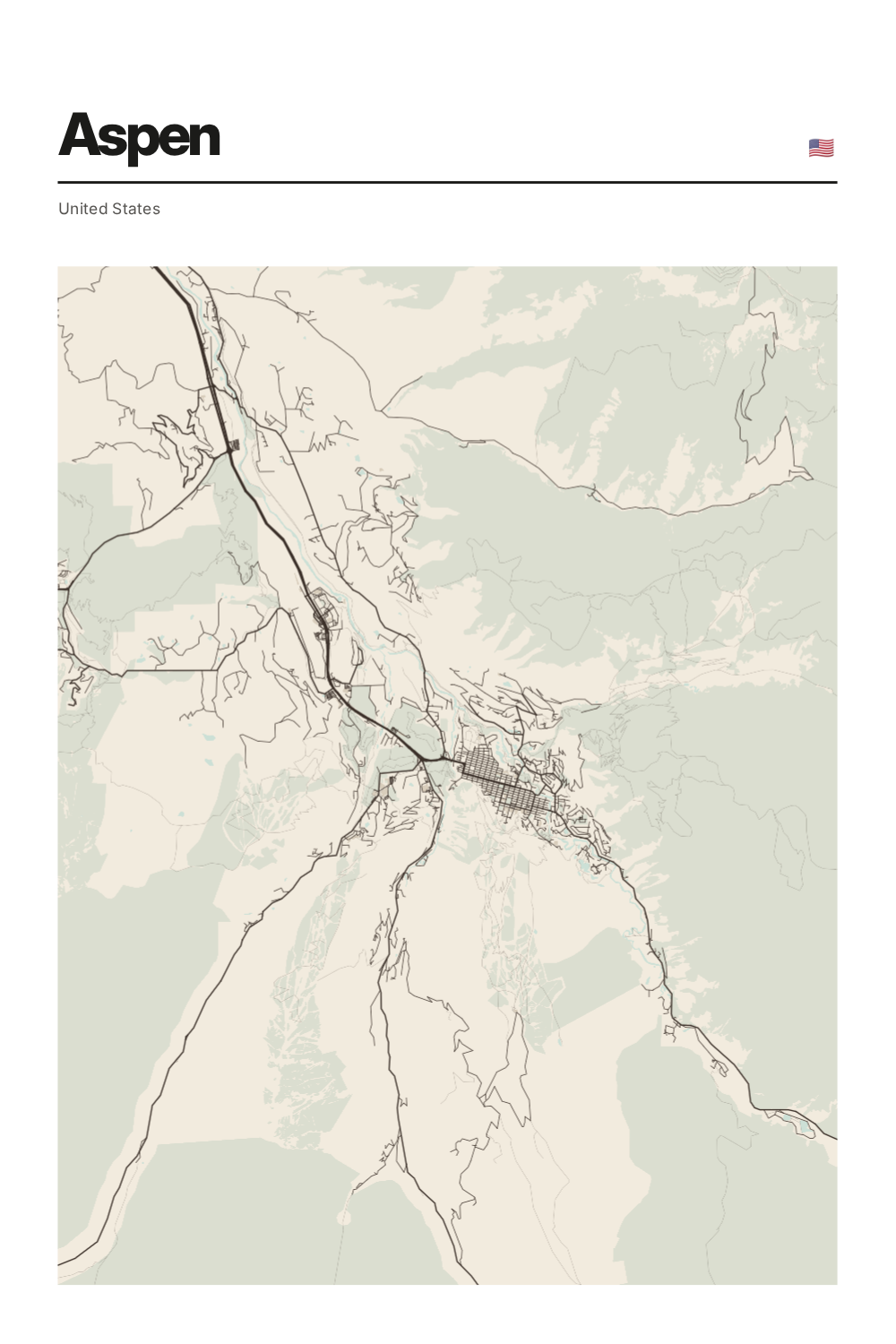 Affiche cartographique d’Aspen dans un cadre en bois naturel