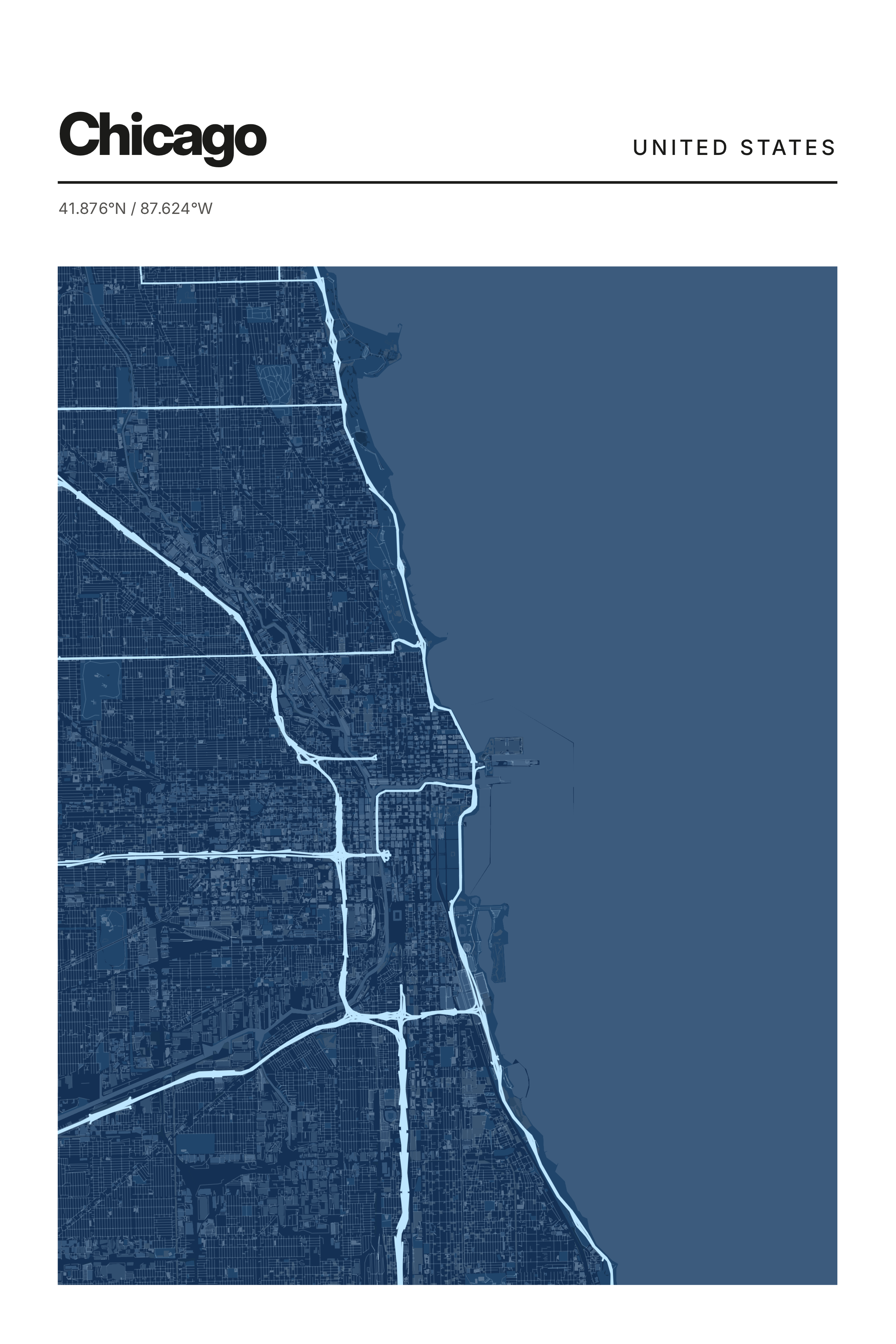 Affiche cartographique de Chicago dans un cadre en bois naturel