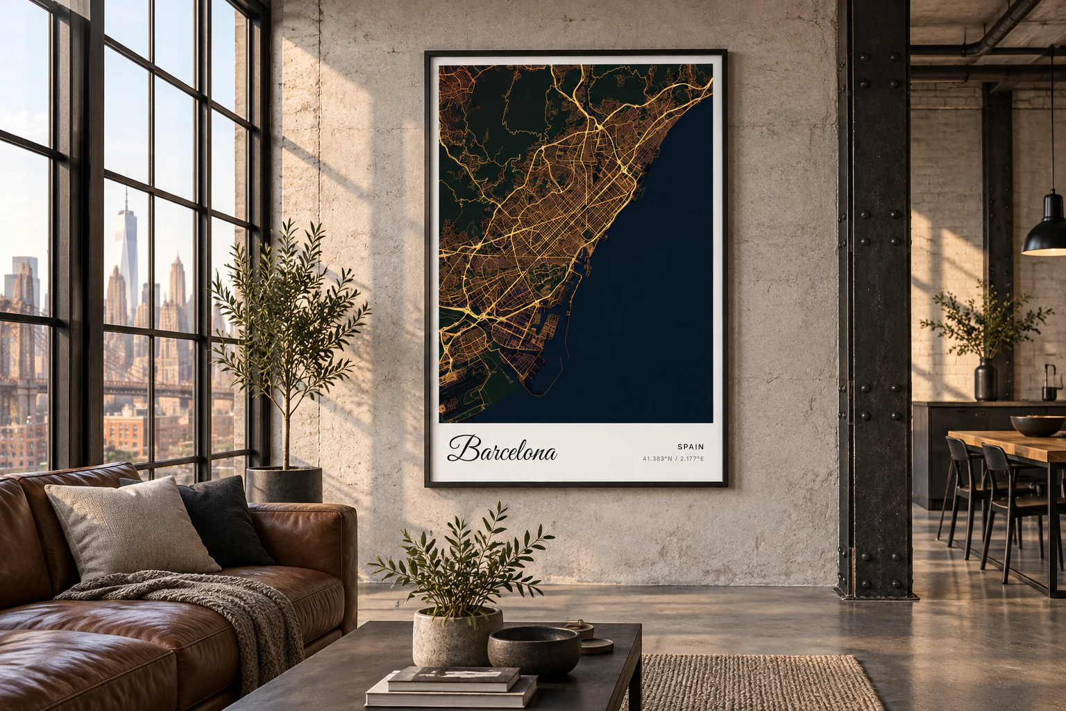 Carte de Barcelone encadrée dans un loft industriel contemporain