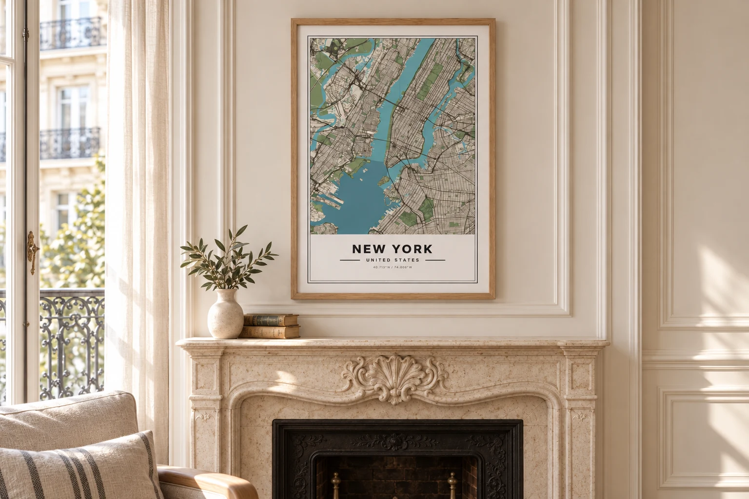 Mise en scène d’une carte de New York encadrée en bois au-dessus d’une cheminée dans un appartement parisien