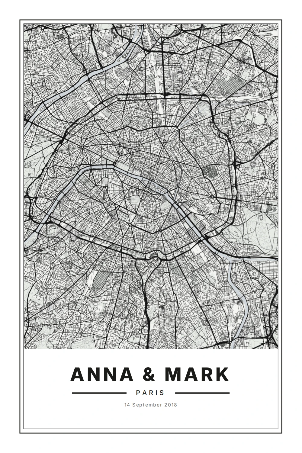 Monochrome Paris map personalised with Anna & Mark, Paris, and 14 September 2018