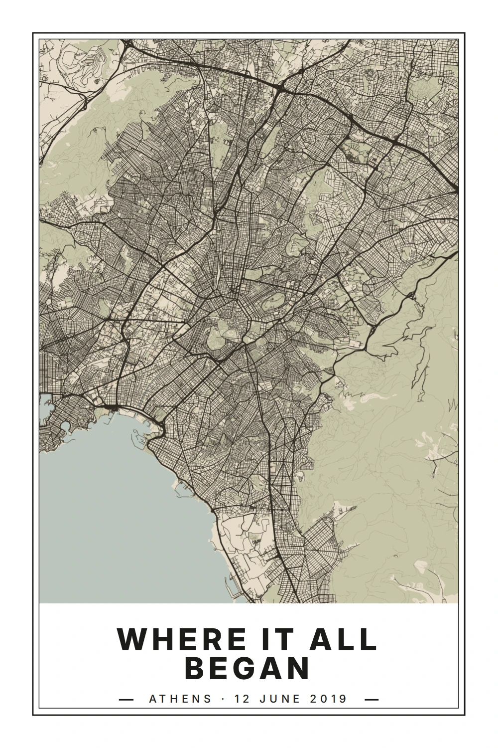 Athens map in muted green with Where it all began and Athens · 12 June 2019 printed beneath it