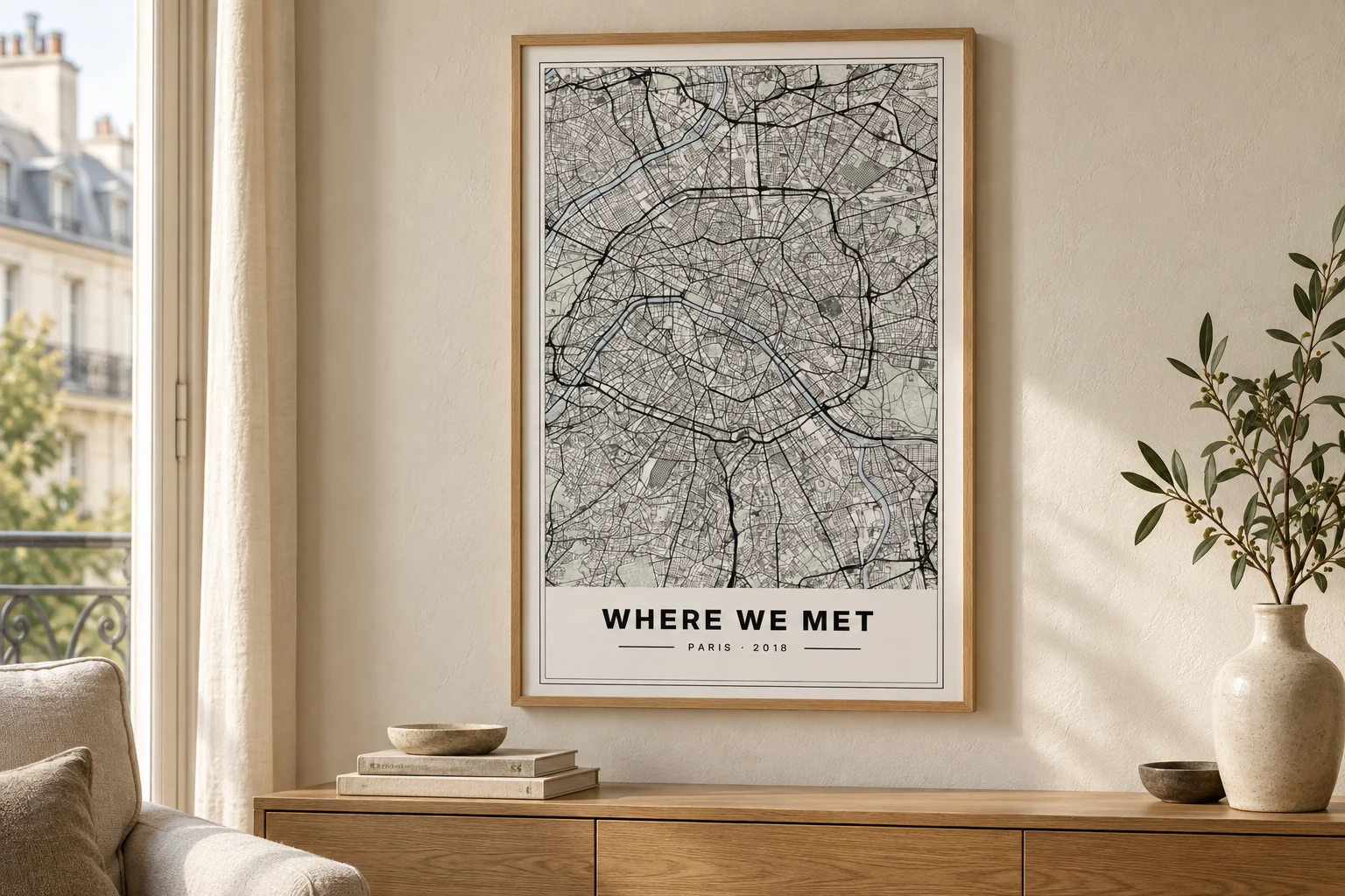 Oak-framed Paris map reading Where we met and Paris · 2018 above a console in a sunlit room